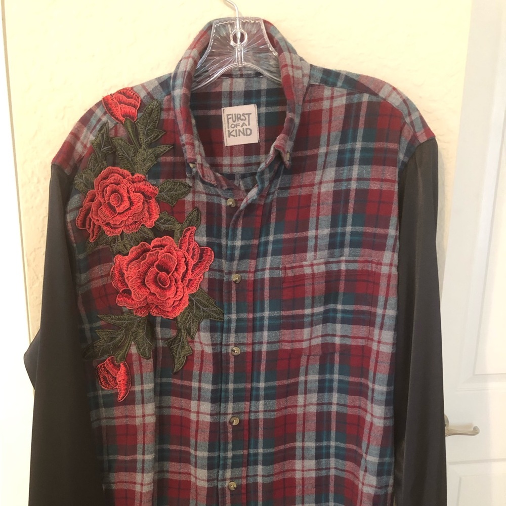 Super cool flannel with floral appliqué